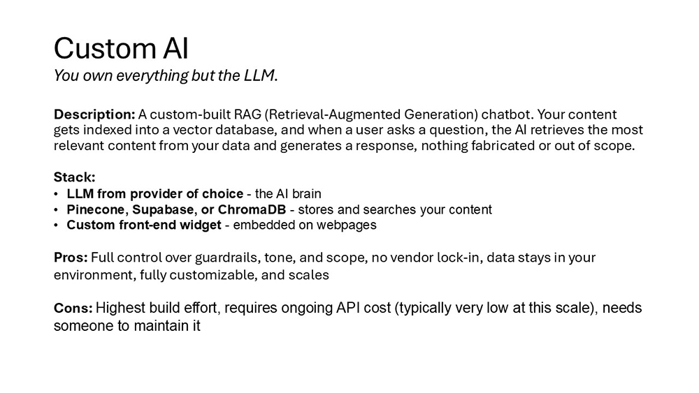 Custom AI: An overview of a custom-built RAG chatbot, its stack, pros, and cons.