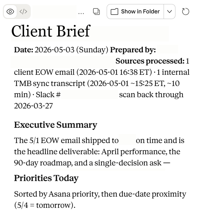 The Client Brief markdown file rendered in preview, showing the header with date and sources processed, followed by Executive Summary and Priorities Today sections.